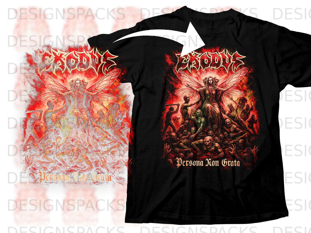 Black t-shirt featuring Exodus logo and "Persona Non Grata" with demonic artwork.
