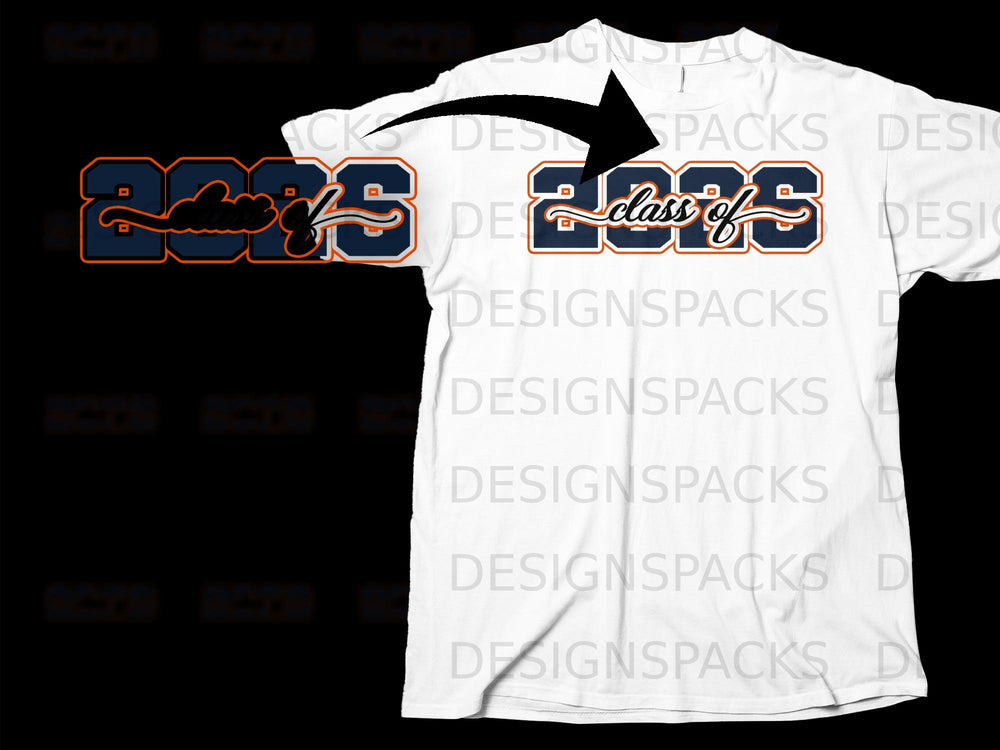 White t-shirt with "2025 class of" text graphic featuring navy blue and orange outline.