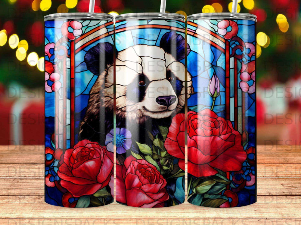 Stained glass panda with roses, red and blue floral border.