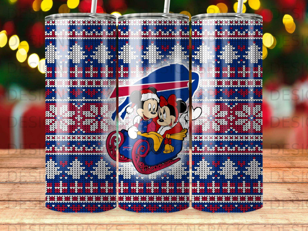 Mickey and Minnie Mouse ride a sleigh decorated with a Buffalo Bills logo and Christmas sweater pattern.