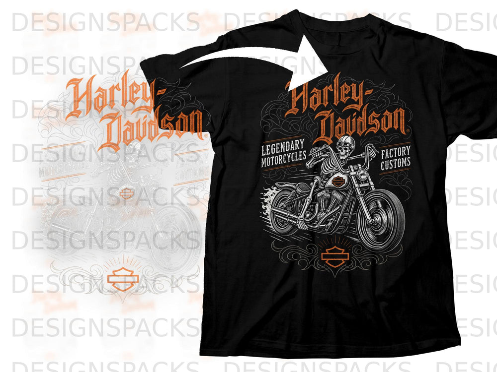 Black t-shirt with Harley-Davidson logo, skeleton rider, and flames graphic.