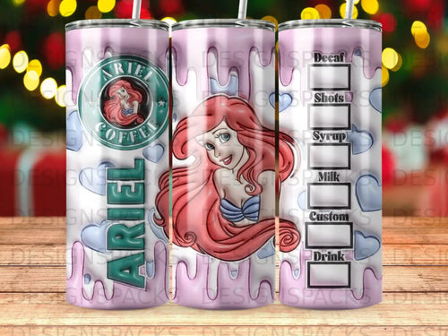 Ariel the mermaid with coffee shop drink options on a tumbler.