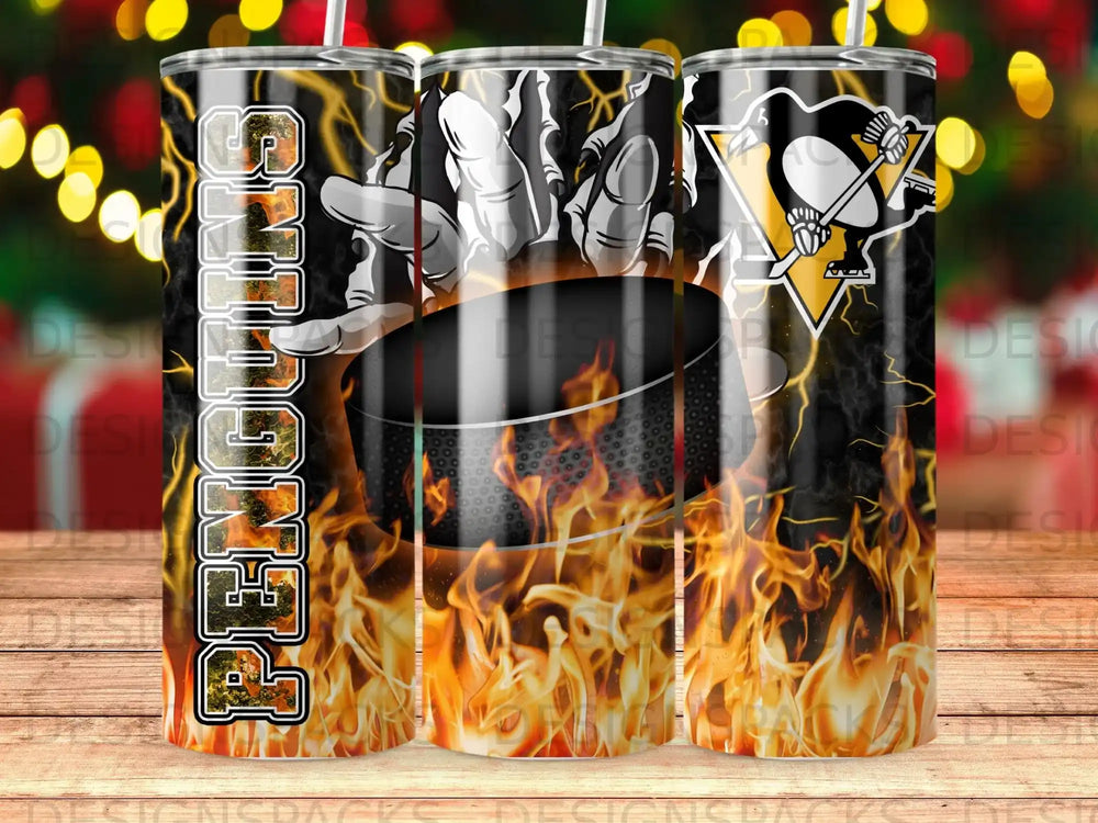 Pittsburgh Penguins logo and text on a fiery tumbler.