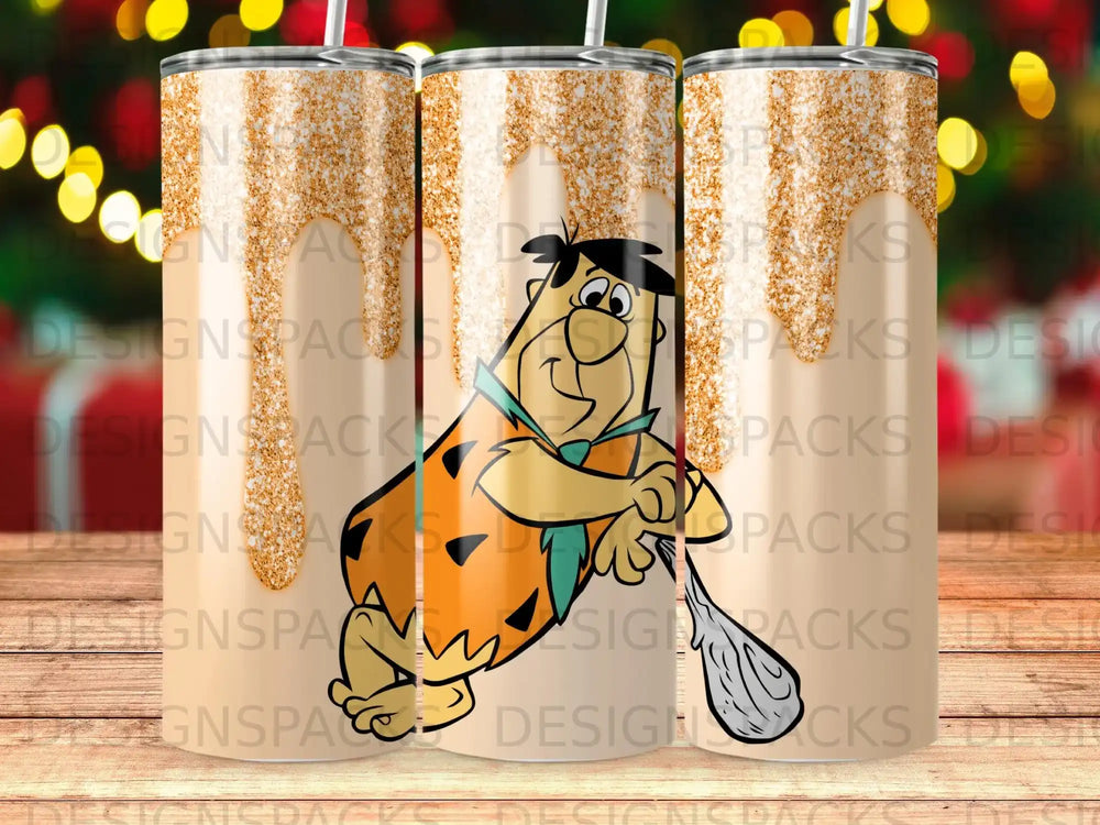 Flintstones character Fred Flintstone on a glitter tumbler with a beige drip pattern.