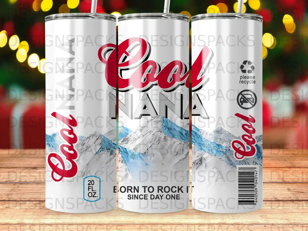 Cool Nana stainless steel tumbler with mountains and "Born to Rock It Since Day One" text.
