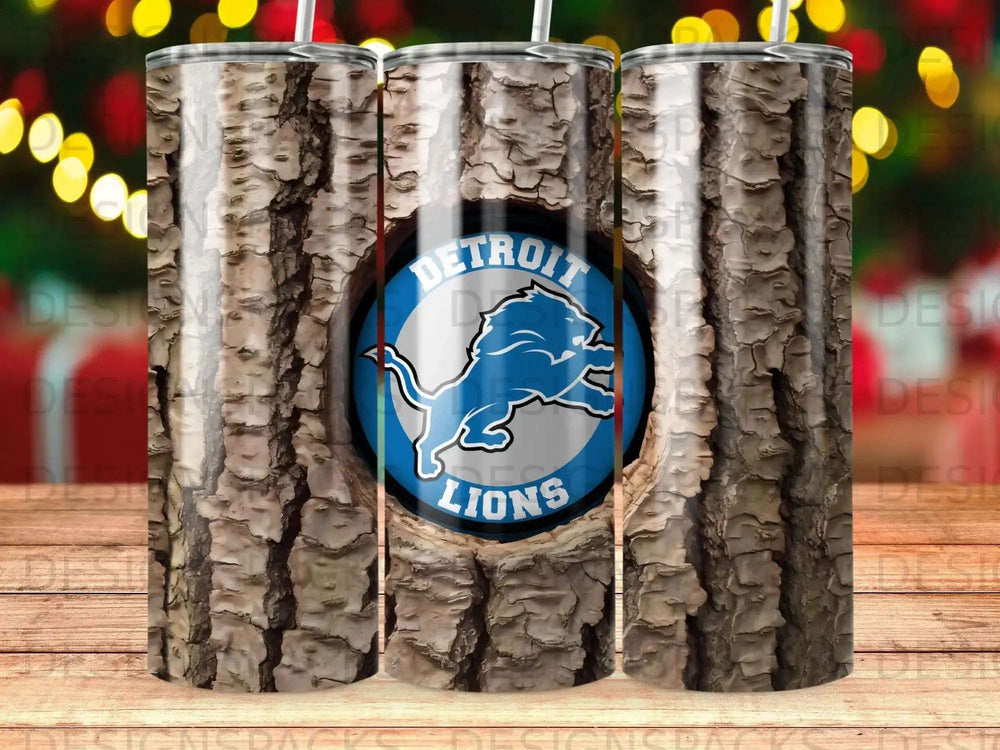 Detroit Lions logo on a wood-grain tumbler with a bokeh background.