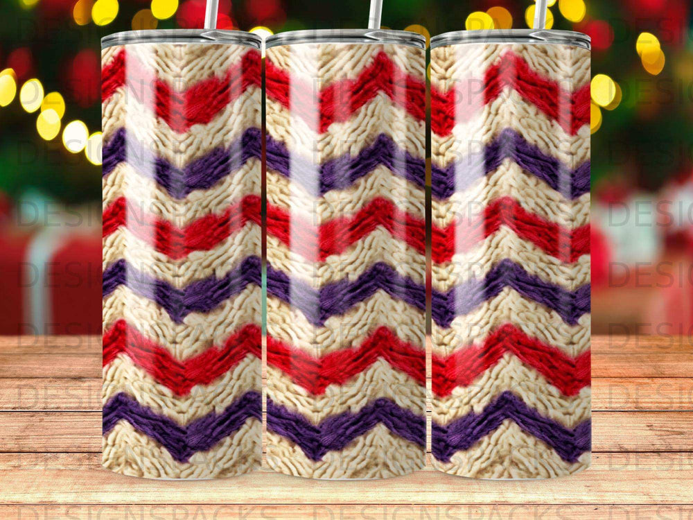 Chevron pattern with red, white, and purple yarn texture on three tumblers.