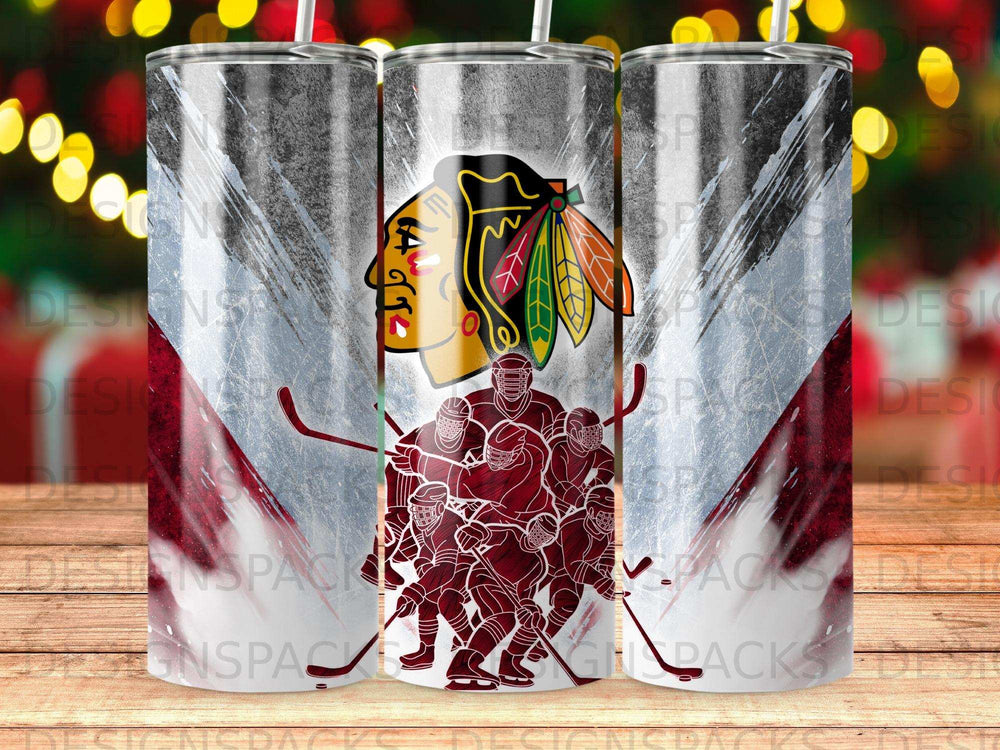Chicago Blackhawks logo and hockey players on a metallic tumbler.