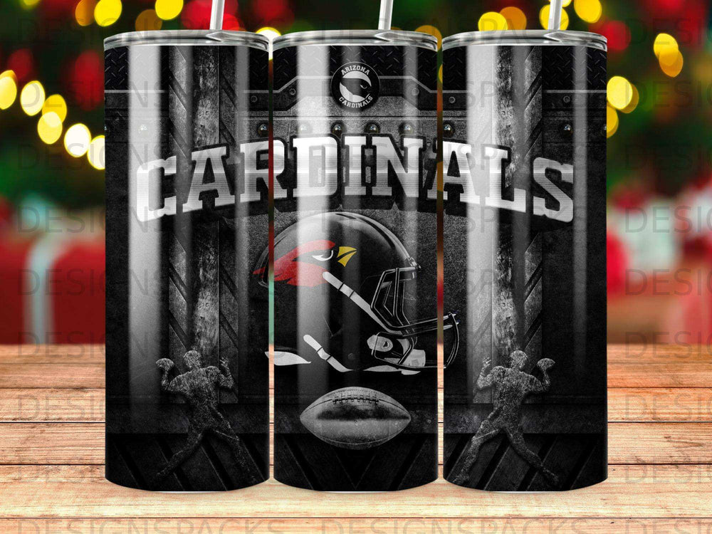 Arizona Cardinals helmet and football logo on a tumbler.