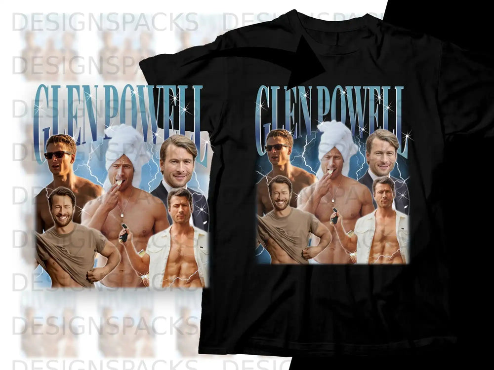 T-shirt featuring Glen Powell in a collage, with text "GLEN POWELL".