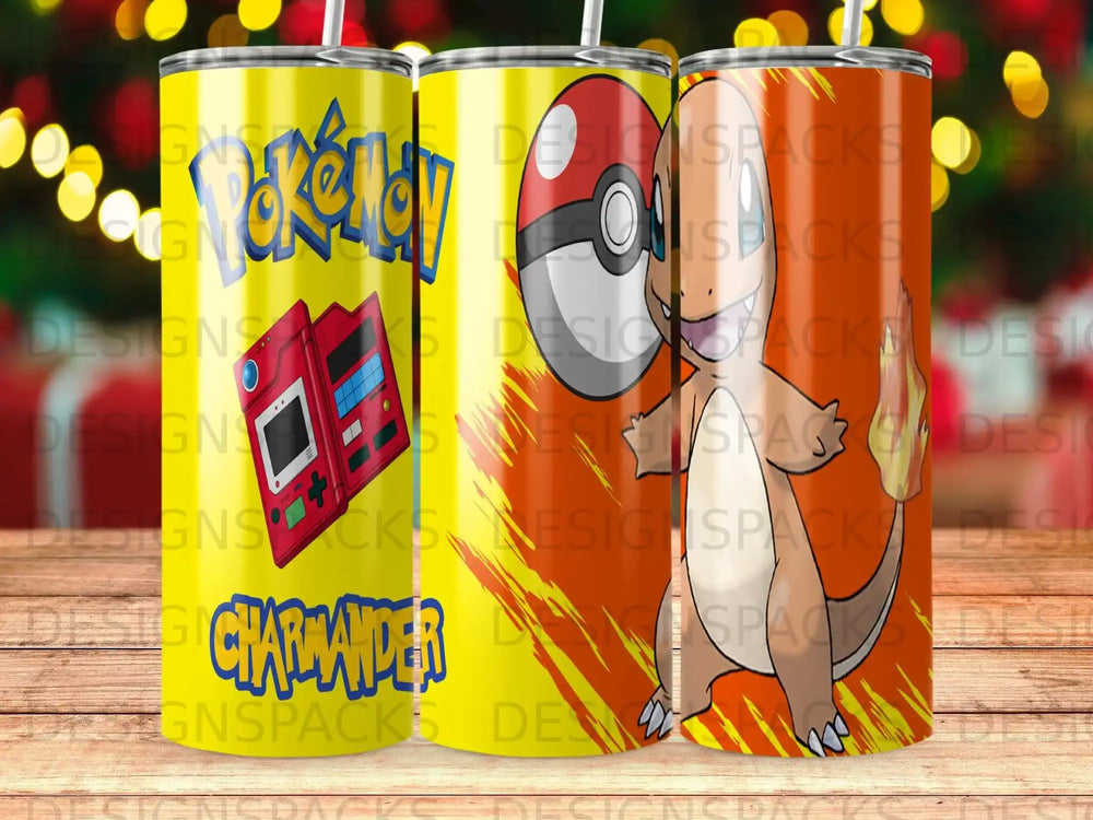 Pokemon Charmander and Pokeball design on three tumblers.