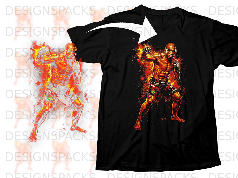 Black t-shirt featuring an animated UFC fighter surrounded by flames.