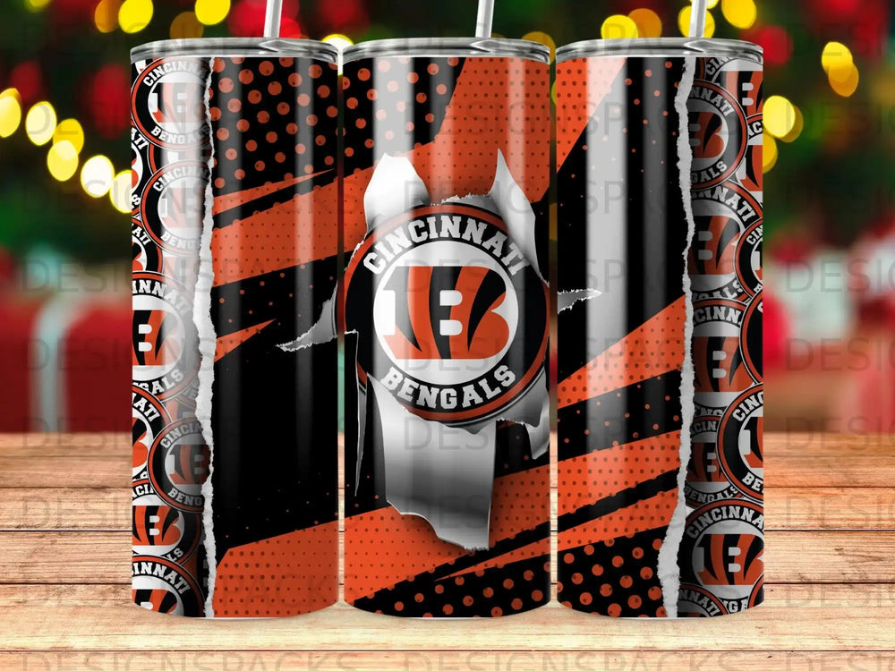 Cincinnati Bengals team logo on a distressed orange and black striped tumbler.