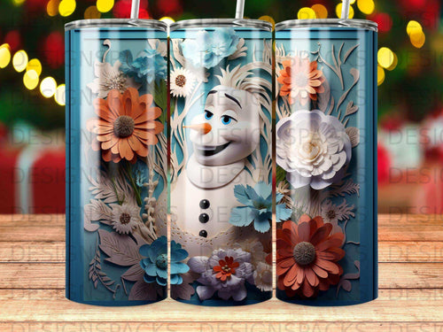 Olaf the snowman surrounded by colorful flowers and snowflakes on a blue tumbler.