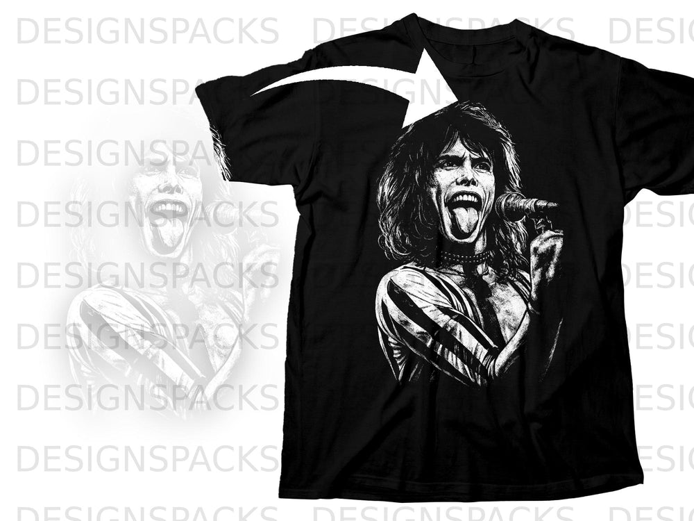Black t-shirt with a black and white graphic of Steven Tyler singing with his tongue out.