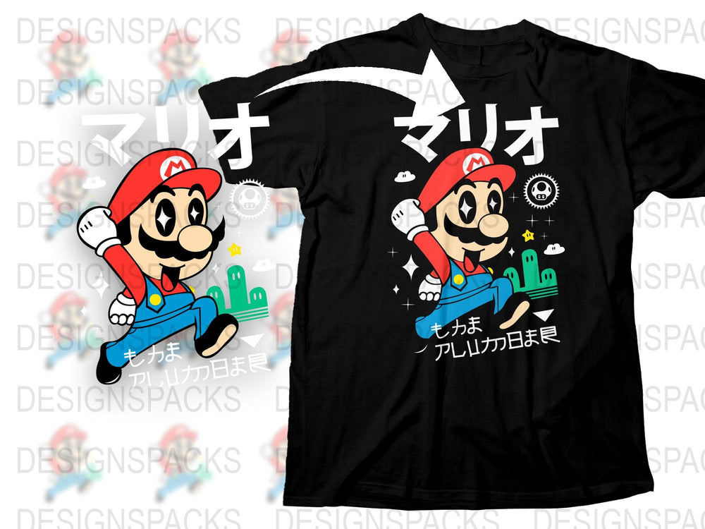 Super Mario Inspired T-Shirt, Japanese Text Graphic Tee, Gamer Clothing, Unisex Black Tee, Cartoon Character Shirt, Fun Apparel