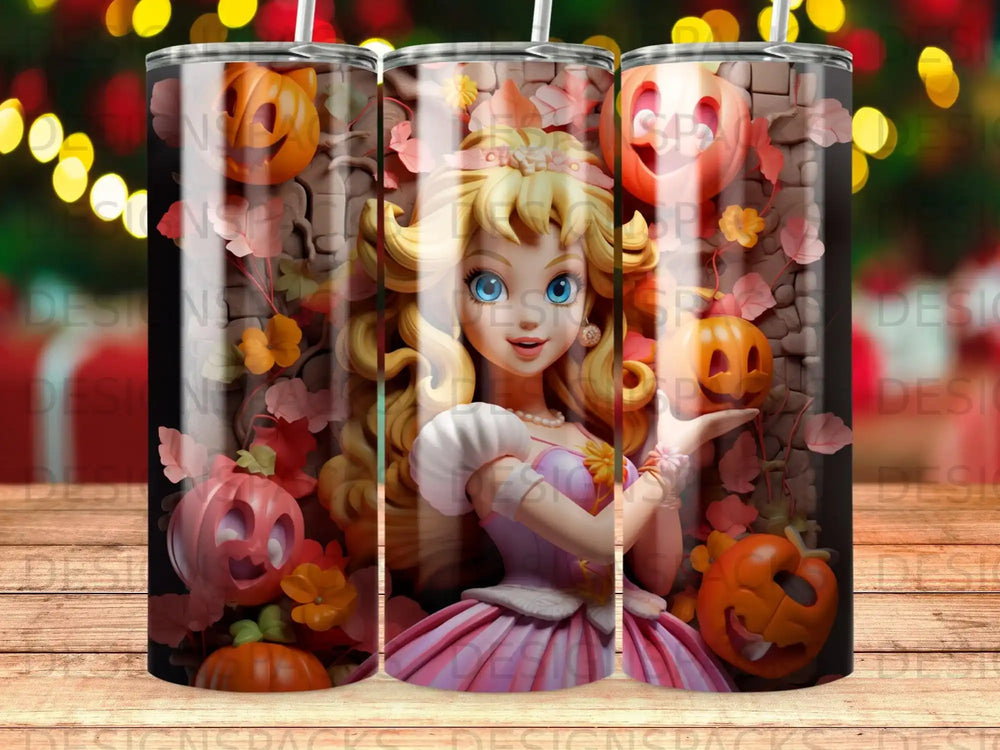 Princess Peach dressed as a fairy holding a pumpkin, surrounded by pumpkins and autumn leaves.