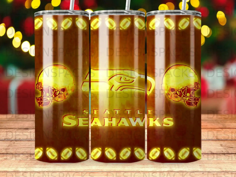 Seattle Seahawks helmet and logo on a tumbler.
