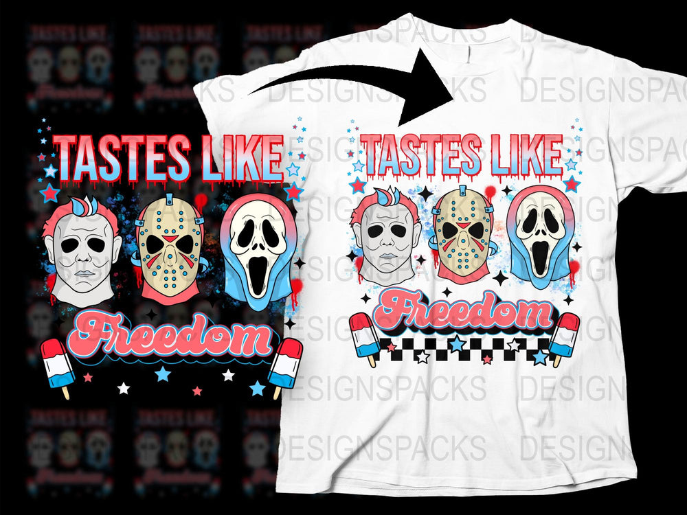 Tastes Like Freedom Horror Movie Masks Graphic T-Shirt, Vintage Horror Film Inspired, Unisex Pop Culture Apparel for Fans