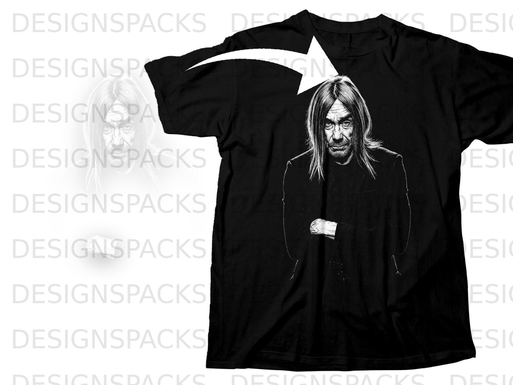 Black t-shirt with a graphic of Iggy Pop on the front.