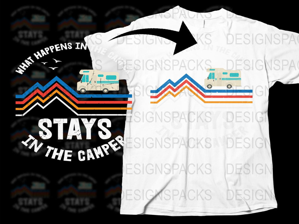 Retro Camper T-Shirt, 'What Happens in the Camper Stays' Camping Tee, Vintage Van Graphic, Unisex Adult Clothing