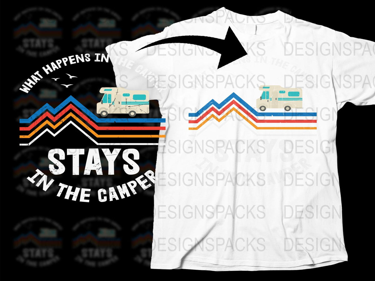 Retro Camper T-Shirt, 'What Happens in the Camper Stays' Camping Tee, Vintage Van Graphic, Unisex Adult Clothing