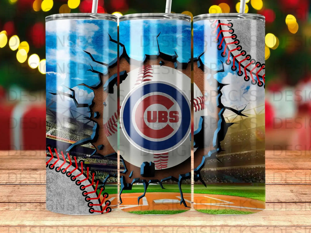 Chicago Cubs logo on a baseball stadium background with cracked earth and stitching.