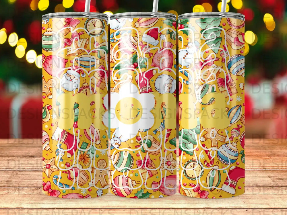 Yellow tumbler with colorful Christmas ornaments and "Happy Holidays" text.