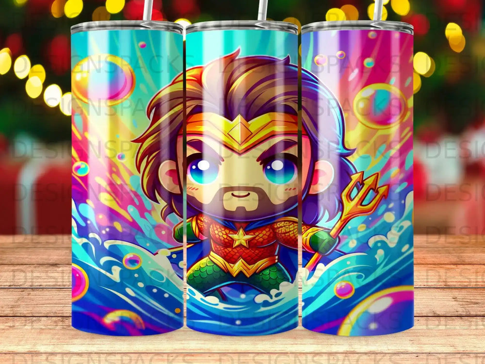 Chibi Aquaman character with trident emerging from colorful water.