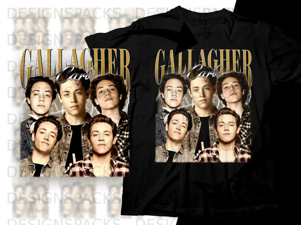 Gallagher TV show cast portrait on a black t-shirt.