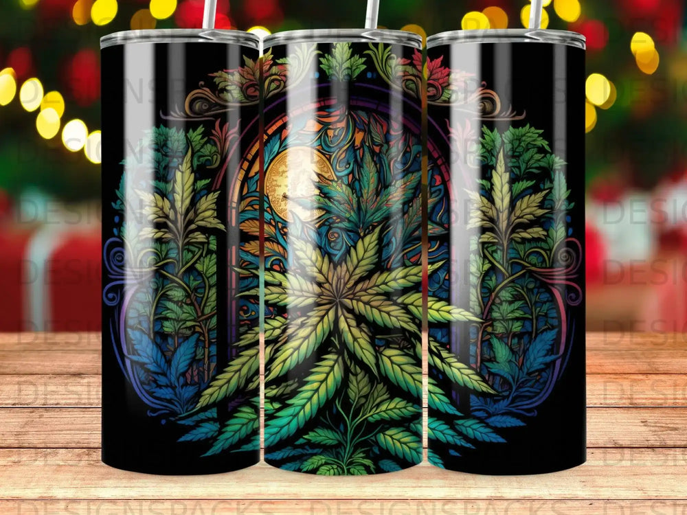 Colorful cannabis leaf design with moon and ornate circular frame on black background.
