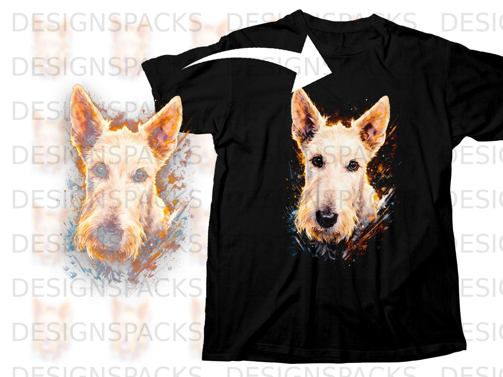 Black t-shirt with a watercolor-style Scottish Terrier dog graphic.