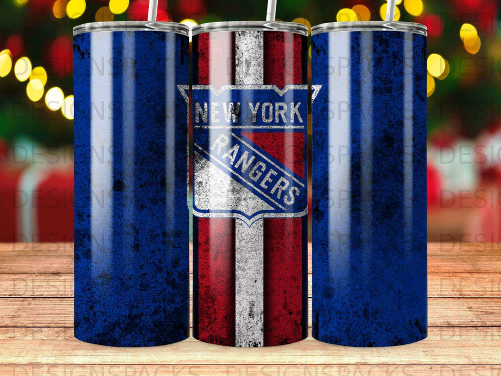New York Rangers logo on distressed blue and red tumbler.
