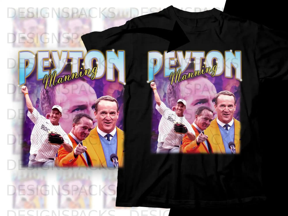 Peyton Manning t-shirt with graphic of Manning in baseball uniform and suit.