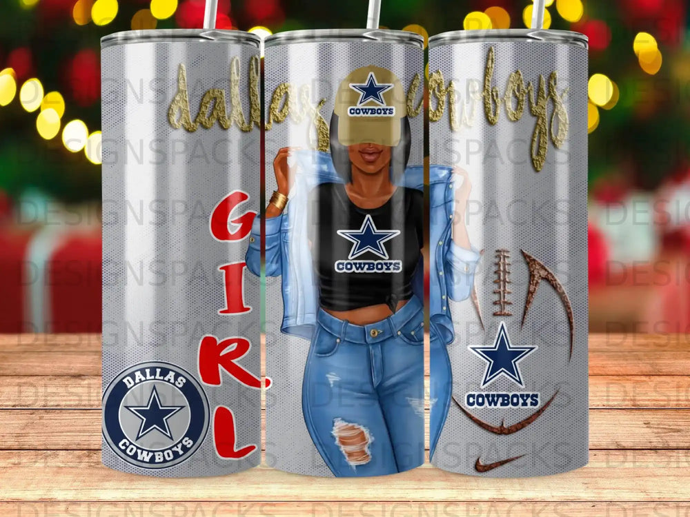 Dallas Cowboys tumbler with distressed logo and football graphic.