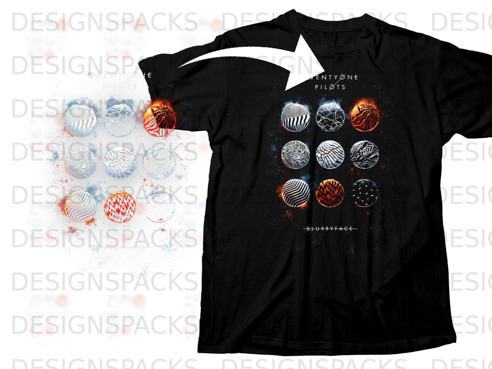 Black t-shirt with the "Blurryface" album art featuring twelve circular designs.