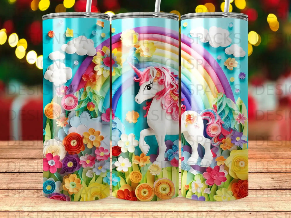 Unicorn with rainbow and colorful paper flowers on a blue background.