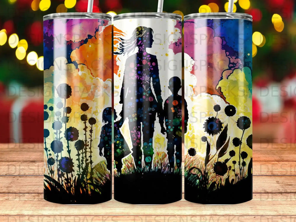 Family silhouette against a colorful sunset sky with floral silhouettes.