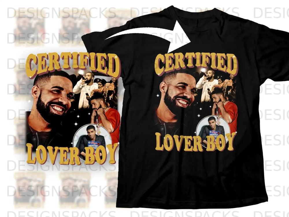 Black t-shirt with "CERTIFIED LOVER BOY" text and Drake artwork.