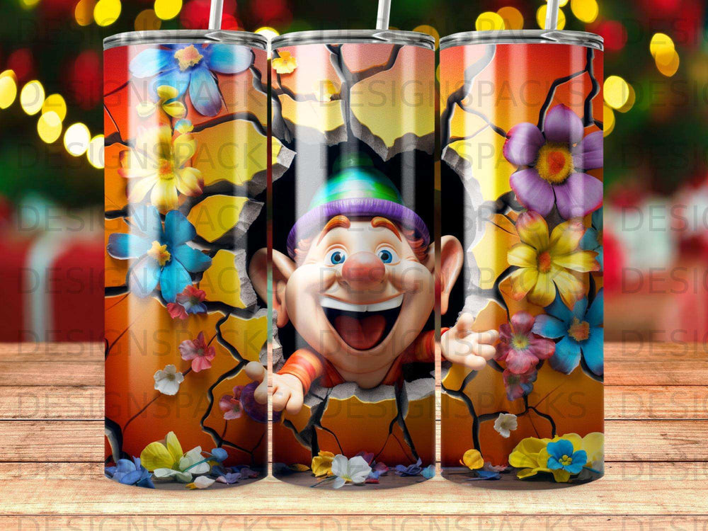 Cartoon elf with big smile peeking through cracked wall with flowers.