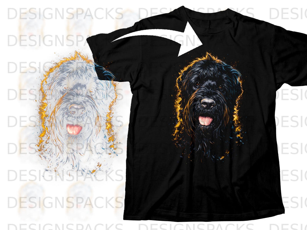 Black t-shirt with a vibrant, painterly design of a shaggy black dog's face.