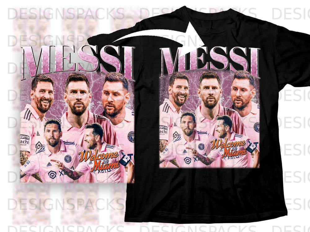 Lionel Messi, Welcome to Miami text on black t-shirt.