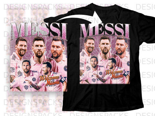 Lionel Messi, Welcome to Miami text on black t-shirt.
