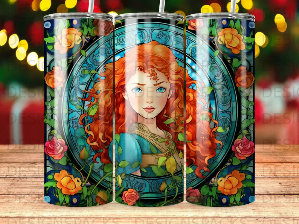 Stained glass design with young woman's face and floral accents.