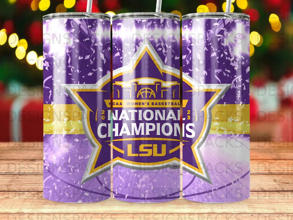 LSU NCAA Women's Basketball Champions tumbler with purple confetti.