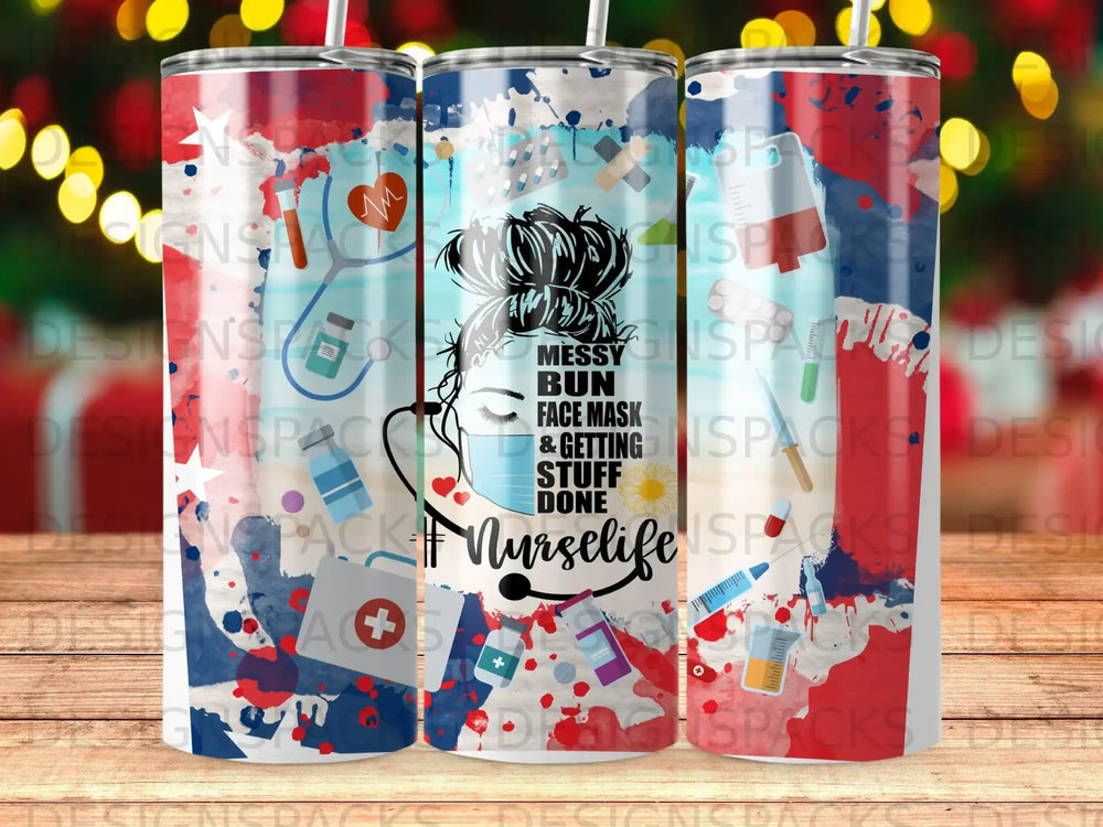 Tumbler with messy bun, mask, stethoscope, and "Nurselife" text.