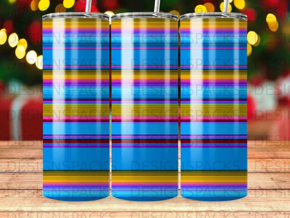 Three tall, cylindrical tumblers with a horizontal striped pattern of blue, yellow, and red.