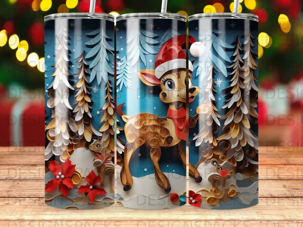 Christmas deer in snowy forest with poinsettias and festive lights.