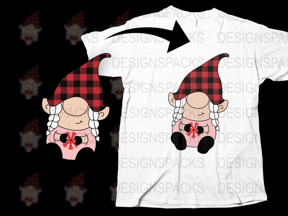 Cute Gnome Graphic T-Shirt, Plaid Hat Cartoon, Casual White Tee, Unisex Kids and Adults Fashion, Unique Gift Idea