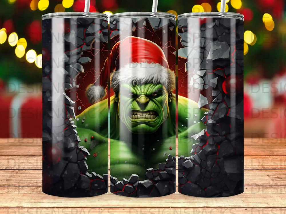 The Hulk in a Santa hat bursts through a cracked, dark background.
